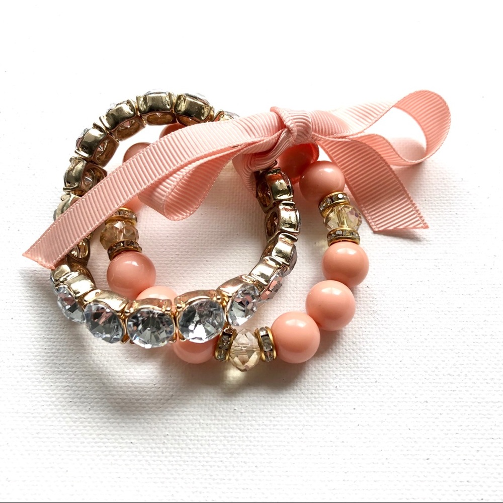 Beaded Bracelet Set of Two with Rhinestones Light Coral & Gold Elastic Band